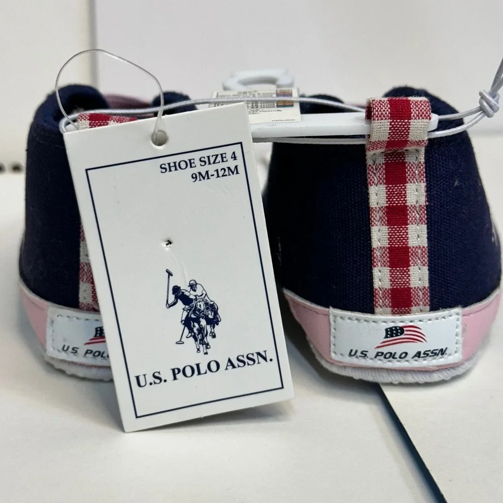 U.S. Polo Assn. Sneakers Girls 4 9M-12M Navy Pink Gingham Excellent